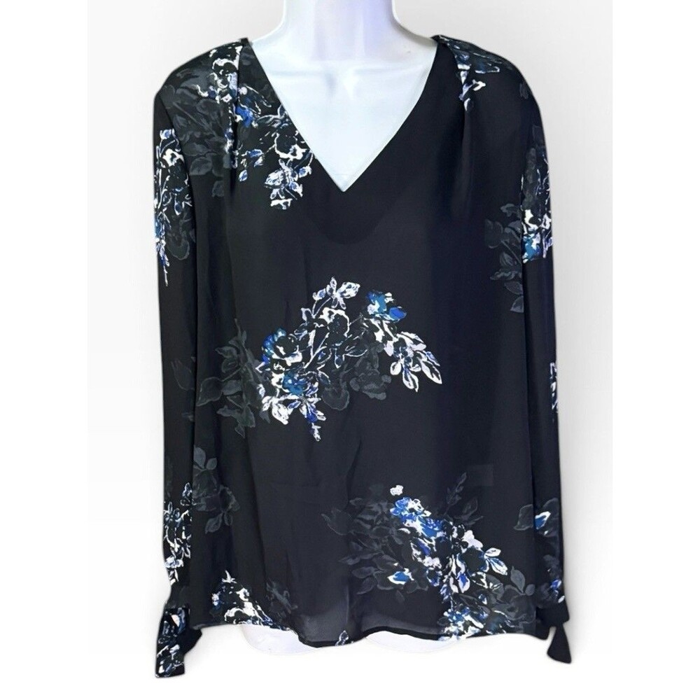 Roz & Ali Blouse L Large Womens Black Floral V-Neck Tie Cuff Long Sleeve Top